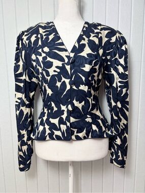 Carolyne Barton Vintage Silk Navy Off white Printed V-Neck Button-Front Blouse 8